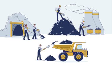 Kömür madenciliği kavramı. Çalışan ekip, termik santrale daha fazla teslimat için gerekli ekipman ve nakliyat vasıtasıyla kömür madenciliği yapıyor. Çizgi film Düz Dış Hatlar Biçimi. Vektör İllüstrasyonu