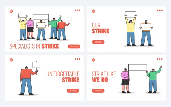 Begreppet massprotester. Webbplats Landning Page. Gruppen av människor protesterar mot att hålla banderoller. Politisk konflikt, skydd av rättigheter. Hemsida Tecknad linjär kontur Platt vektor Illustrationer Set — Stock vektor