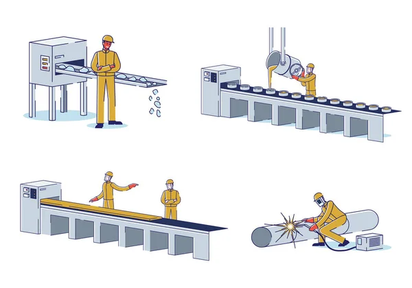 Μεταλλουργική Βιομηχανική Έννοια. Χαρακτήρες που εργάζονται στο Μεταλλουργικό εργοστάσιο τήξης χάλυβα, διεργασίες ελέγχου της κατασκευής μετάλλων. Εργαστήρι. Σύνολο επίπεδων διανυσματικών απεικονίσεων σε γραμμικό περίγραμμα κινουμένων σχεδίων — Διανυσματικό Αρχείο