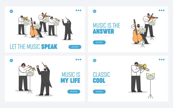 Sitio web Landing Page Set. Orquesta Sinfónica tocando Concierto de Música Clásica. Músicos con instrumentos liderados por el director que actúa en el escenario. Página web Dibujos animados Esquema lineal Ilustración de vectores planos — Vector de stock