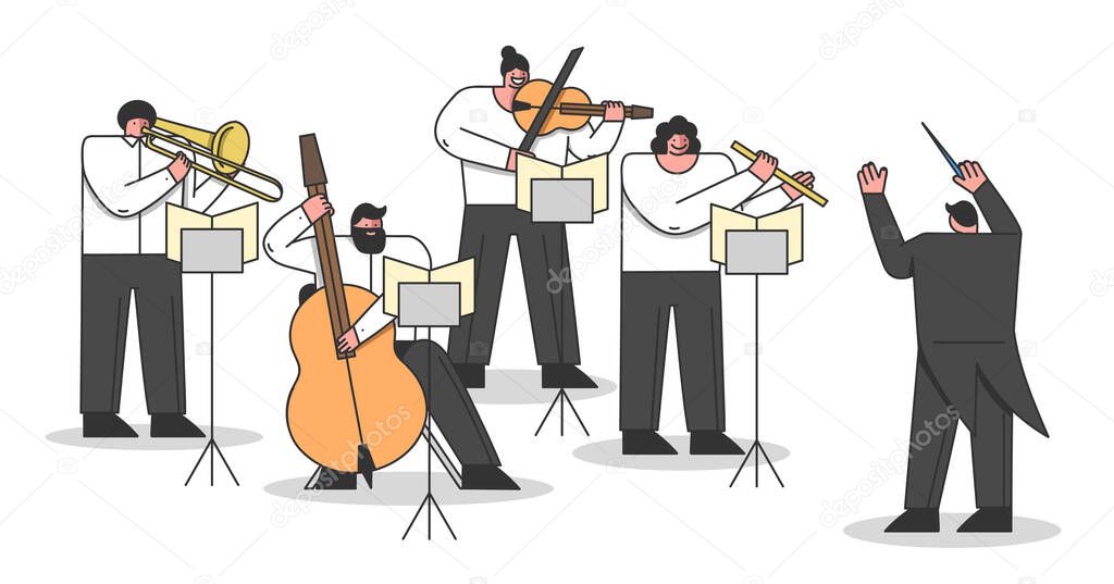Concept Of Symphony Orchestra. Musicians Are Playing Different Musical Instruments. Musical artists Play Instrumental Symphony Led By Conductor. Cartoon Linear Outline Flat Style Vector Illustration