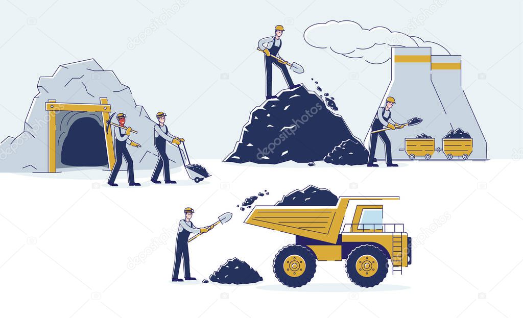 Concept Of Coal Mining. Work Crew Is Mining Coal Together By Means Equipment And Transport For The Further Delivery To The Thermal Power Plant. Cartoon Linear Outline Flat Style. Vector Illustration
