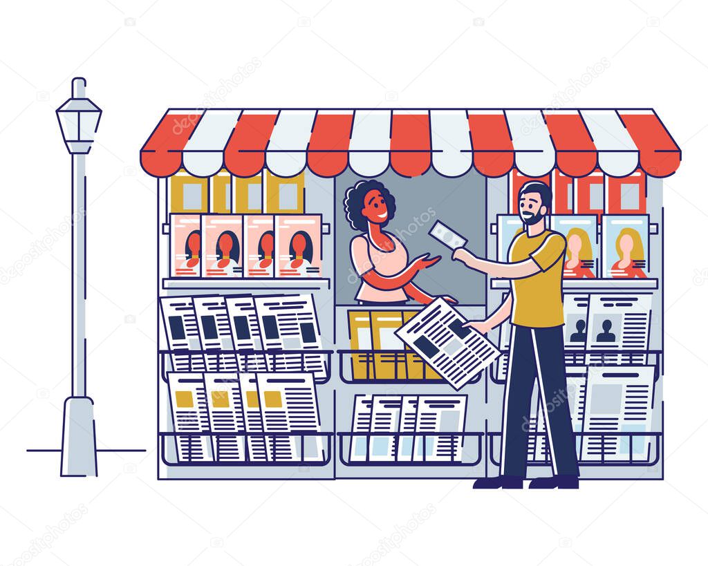 Concept Of Newsstand. Woman Seller Is Selling Newspapers And Magazines In Press Kiosk. Female Character Selling Fresh Press in Booth on Street. Cartoon Linear Outline Flat Style. Vector Illustration