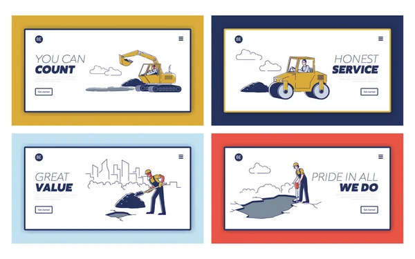 Concept de travaux routiers. Site Web Landing Page. Les travailleurs changent l'asphalte. Les constructeurs routiers utilisent le rouleau de route et les outils professionnels pour poser l'asphalte. Série d'illustrations vectorielles plates de contour linéaire de bande dessinée de page Web — Image vectorielle