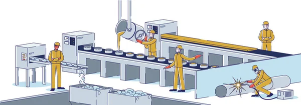 Metallurgische Industrie-Konzept. Team von Metallurgen arbeitet an metallurgischen Anlagen, die Stahl schmelzen und Metallprodukte herstellen. Fabrikwerkstatt. Cartoon Linear Outline Flache Vektorillustration — Stockvektor