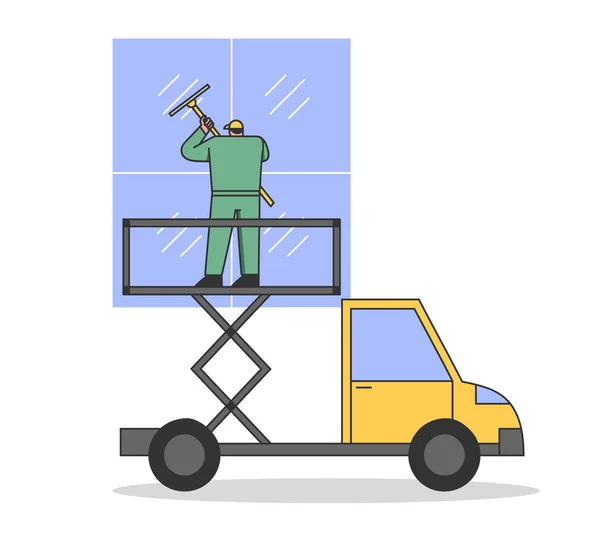 Καθαριστικό παραθύρων με στολή με επαγγελματικό εξοπλισμό για τον καθαρισμό παραθύρων. Ο άνθρωπος καθαρισμού πρόσοψη παράθυρα του κτιρίου χρησιμοποιώντας την υψηλή πλατφόρμα φορτηγών εργασίας. Εικονογράφηση επίπεδου διανύσματος σε γραμμικό περίγραμμα καρτούν — Διανυσματικό Αρχείο