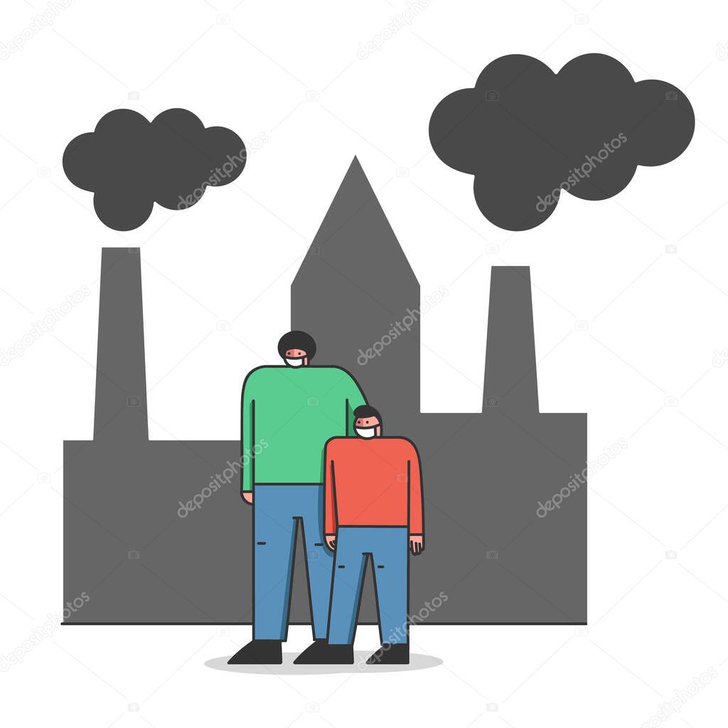 Concept Of Environmental Protection, Air Pollution. Father And Son In Protective Face Masks Are Walking on Street Against Factory Pipes Emitting Smoke. Cartoon Linear Outline Flat Vector Illustration