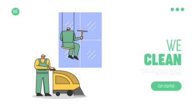 Temizlik ve Personel Konsepti. Web sitesi İniş Sayfası. Erkekler, Gökdelen 'in ön camlarını ve zemin temizleme makinesini temizliyor. Web çağı Çizgi Çizgi Çizgi Çizgi Çizgi Dış Hattı Tarzı. Vektör İllüstrasyonu