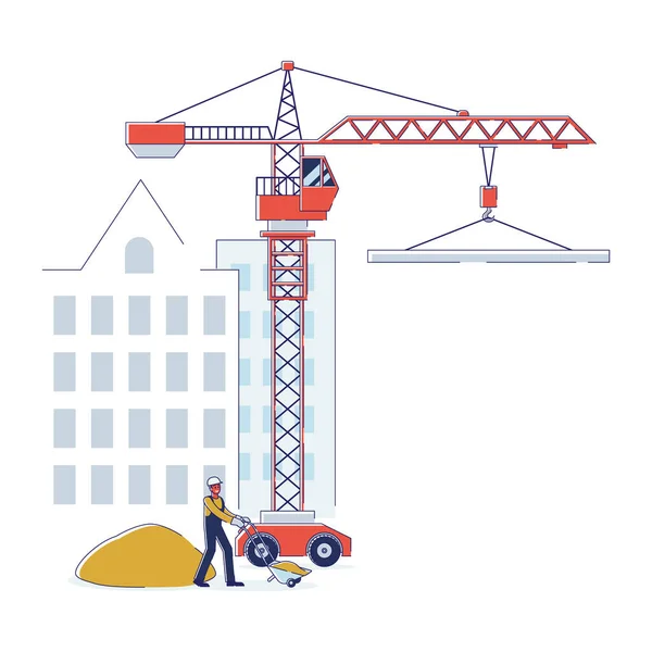 Concept Of Residential Apartments Build. Builder Is Carrying Wheelbarrow With Sand On The Under Construction House And Tower Crane Background. Cartoon Linear Outline Flat Style. Vector Illustration — Stock Vector
