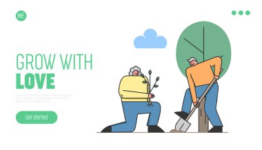Emekli İnsanların Boş Zamanları kavramı. Web sitesi İniş Sayfası. İnsanlar hobilerinden zevk alıyor. Erkek ve kadın bahçıvanlık, ekme ve bitkilerle ilgilenme. Web Sayfası Çizgi Filmi Çizgisel Düz Vektör İllüstrasyonu