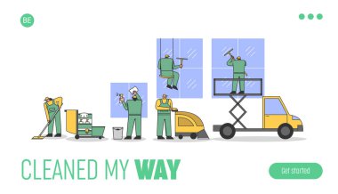 Temizlik servisi kavramı. Web sitesi İniş Sayfası. Üniformalı işçiler odaları ve pencereleri temizliyor, yüksek çalışan kamyon platformu kullanıyorlar. Web Sayfası Çizgi Çizgi Çizgi Çizgisi Düz Şekil Vektörü İllüstrasyonu
