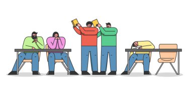 Eğitim ve öğrenim kavramı. Bir grup öğrenci masalarında oturup ders çalışıyor, kitap okuyor, iletişim kuruyor ve derste uyuyor. Çizgi film Düz Dış Hatlar Biçimi. Vektör İllüstrasyonu