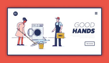 Elektrikli Alet Servisi kavramı. Web sitesi İniş Sayfası. Ev, Tamirci 'yi Aletleri Tamir Etmeye Çağırdı. Tamirci Çamaşır Makinesi. Web Sayfası Çizgi Filmi Çizgisel Düz Vektör İllüstrasyonu
