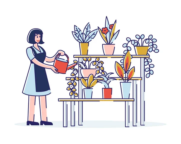 Çiçek Dükkanı Konsepti. Kadın karakteri çiçekçide güzel çiçeklerle ilgilenir. Önlüklü, sulu tencereli, güzel çiçekli bir kadın. Çizgi film Çizgi Çizgisi Düz Vektör İllüstrasyonu