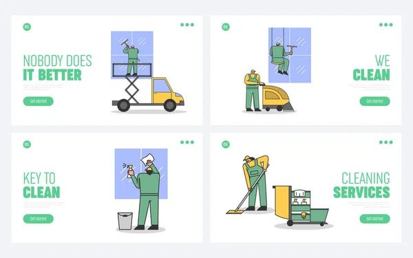 Concept Of Cleaning Service And Personnel. Website Landing Page. Characters Clean Rooms And Windows, Using High Working Truck Platform. Web Page Cartoon Linear Outline Flat Vector Illustrations Set — Stock Vector