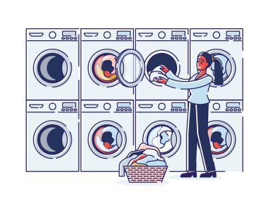 Kamu Çamaşır ve Kuru Temizleme Konsepti. Kadın karakter ev hanımı, modern yıkama servisinde yıkanmak için kirli çamaşırları çamaşır makinesine koyuyor. Çizgi film Çizgi Çizgisi Düz Vektör İllüstrasyonu