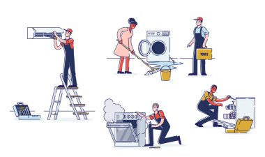 Elektrikli Alet Servisi kavramı. Üniformalı Profesyonel Tamirciler Aletleri Tamir Ediyor. Teknisyenler elektroniği tamir ediyor. Çizgi film Düz Dış Hatlar Biçimi. Vektör İllüstrasyonu