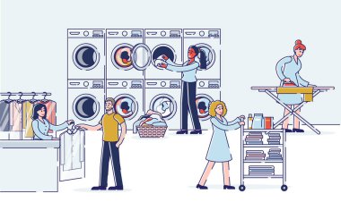 Çamaşır Konsepti. İnsanlar kuru temizlemeciye, çamaşırlarını yıkayıp ütülüyor ve çamaşırlarını yıkıyor. self servis ve modern iç mimari ekipmanları. Çizgi film Çizgi Çizgisi Düz Vektör İllüstrasyonu