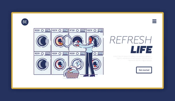 Konsep Laundry and Dry Cleaning. Situs resmi Laman Pendaratan. Wanita menempatkan pakaian kotor ke dalam mesin cuci untuk mencuci di Modern Wash Service. Situs web Page Cartoon Linear Outline Flat Vector Illustration - Stok Vektor