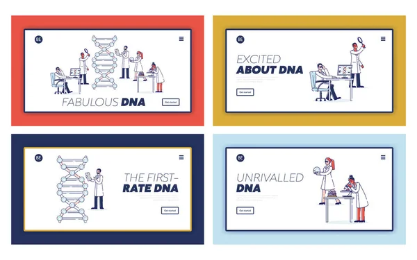 Pagina iniziale del sito web. Gli scienziati lavorano con DNA molecolare. Medicina e tecnologia. Test Genetici del DNA, Medicina e Tecnologia Concetto. Pagina Web Quadro lineare dei cartoni animati Set di illustrazioni vettoriali piatte — Vettoriale Stock