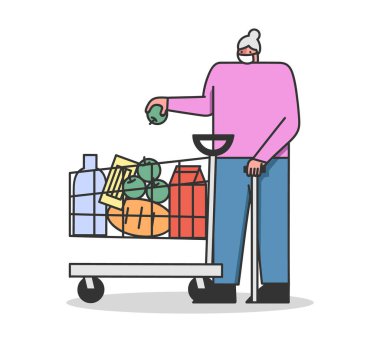 Coronavirus sırasındaki karantina kavramı. Virüs enfeksiyonunu önlemek için koruyucu maske takan, Trolley Yiyecekle dolu Yaşlı Müşteri Kadını. Çizgi film Çizgi Çizgisi Düz Vektör İllüstrasyonu