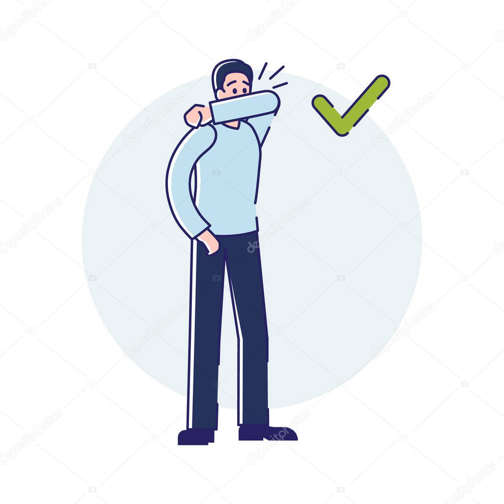 Viral Infection Protection. Infographic With Sneezing Man Showing How To Sneeze Correctly, Covering Mouth By Wrist During Coronavirus Epidemic. Cartoon Linear Outline Flat Style Vector Illustration