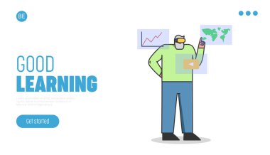 Öğrenme kavramı. Erkek karakter sanal gerçeklik gözlüğü takıyor Çevrimiçi öz eğitim ve eğlence için. Web sitesi İniş Sayfası. Web Sayfası Çizgi Çizgi Çizgi Çizgisi Düz Şekil Vektörü İllüstrasyonu