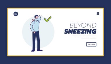 Viral enfeksiyon koruması. Web sitesi İniş Sayfası. Hapşıran adamın nasıl doğru hapşıracağını, ağzının bilekle nasıl kapatılacağını gösterdiği bir bilgi. Web Sayfası Çizgi Filmi Çizgisel Düz Vektör İllüstrasyonu