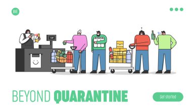 Web sitesi İniş Sayfası. İnsanlar Coronavirus sırasında virüs bulaşmasını önlemek için koruyucu maskeler takarak süpermarkette kuyrukta bekliyorlar. Web Sayfası Çizgi Filmi Çizgisel Düz Vektör İllüstrasyonu
