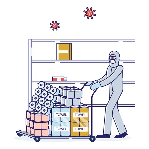 Concept van paniek tijdens het Coronavirus. Man, Supermarktmagazijn werknemer in beschermende kleding dragen een kar met vol met papieren handdoeken en toiletpapier. Cartoon Linear Outline Flat Vector Illustratie — Stockvector