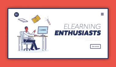 Eğitim ve Çevrimiçi Sınav Konsepti. Erkek öğrenci kursa gidiyor. Web sitesi İniş Sayfası. Karakter Uzaktan Uzaktan Sevdiği Mesleği Öğreniyor. Web Sayfası Çizgi Çizgi Çizgi Çizgi Çizgi Çizgisi Düz Stili. Vektör İllüstrasyonu