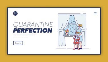 Karantina Coronavirüs salgını sırasında kendini izole etme kavramı. Web sitesi İniş Sayfası. Anne ve kızı karantinada evde kalıyor. Web Sayfası Çizgi Çizgi Çizgi Çizgi Çizgi Çizgisi Düz Stili. Vektör İllüstrasyonu