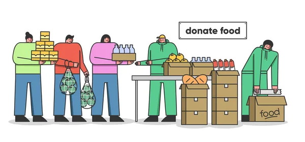 Food Donation Concept. Male And Female Characters Are Donating Food Supply To Charitable Organization. People Bring Lots Of Food To Help Needy. Cartoon Linear Outline Flat Style. Vector Illustration — Stock Vector