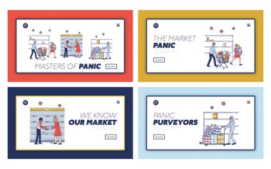 Panic During Coronavirus. Website Landing Page. Terrified People Buy Lots Of Food, Fight Because Of Food Supply Deficit At Supermarket. Web Page Cartoon Linear Outline Flat Vector Illustrations Set clipart