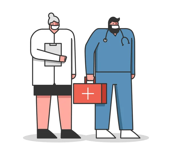 医院专业医护人员的概念。身着医疗服，手持医疗工具的急救小组排成一排，戴着防护面罩。卡通线形轮廓平面矢量图解 — 图库矢量图片
