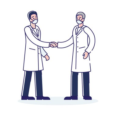 Sağlık ve Online Tıp Konsepti. Erkek Karakterler İki Doktor Tokalaşıyor. Erkekler, Hasta Tedavisi Anlaşmasına Ulaşır. Çizgi film Düz Dış Hatlar Biçimi. Vektör İllüstrasyonu