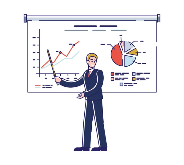 Financiële situatie op de markt. Zakenman staat op het scherm en maakt presentatie gebruik van Stick. Man toont financieel verslag in de vorm van grafiek en grafiek. Cartoon Linear Outline Flat Vector Illustratie — Stockvector