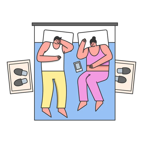 People Bedtime Concept. Coppia sposata dormire sul comodo letto matrimoniale a casa o in hotel. Uomo e donna hanno un sogno sano, posizione di riposo del sonno. Illustrazione vettoriale piana del contorno lineare del fumetto — Vettoriale Stock