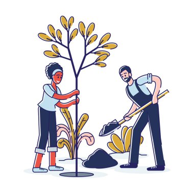 Bahçıvanlık ve çiftçilik kavramı. İnsanlar parkta ağaç dikerler. Toprak Kazan Adam, Kadın Tutucu Sapling. Açık havada, Yeşillik Gezegeni 'nde birlikte çalışan aktivistler. Çizgi film Çizgi Çizgisi Düz Vektör İllüstrasyonu