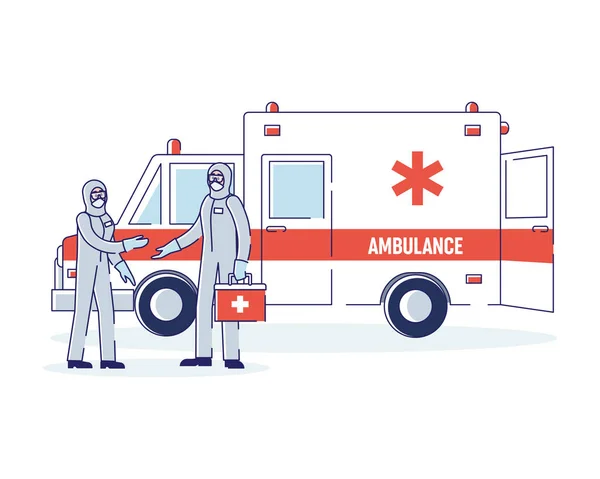 Hälso-och sjukvård och medicin koncept. Läkare i skyddande overaller på ambulans bakgrund redo att bekämpa Covid 19 Coronavirus infektion. Tecknad linjär kontur platt stil vektor Illustration — Stock vektor