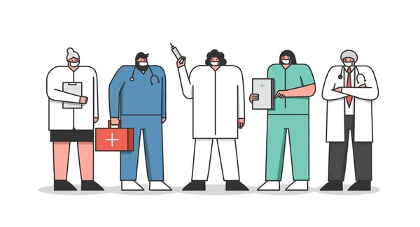 医院专业医护人员的概念。不同年龄的医生穿着不同的医疗服，带着医疗工具站在一排防护面罩里。卡通线形轮廓平面矢量图解 — 图库矢量图片