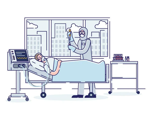 Coronavirus en Intensieve Therapie Concept. De zieke besmette Mens heeft in Intensive Care Unit wegens besmetting van Gevaarlijke Virusbesmetting geplaatst. Cartoon Lineaire contouren Flat Style Vector Illustratie — Stockvector