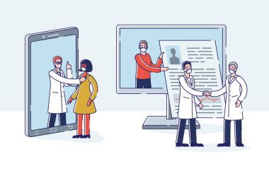 Sağlık ve Tıp Konsepti 'nden. Erkek ve Kadın Karakterler Çevrimiçi Doktorları Ziyaret Ediyor. İnsanlar tıbbi danışmanlık alabilmek için doktorlarla toplantılar düzenliyor. Çizgi film Çizgi Çizgisi Düz Vektör İllüstrasyonu