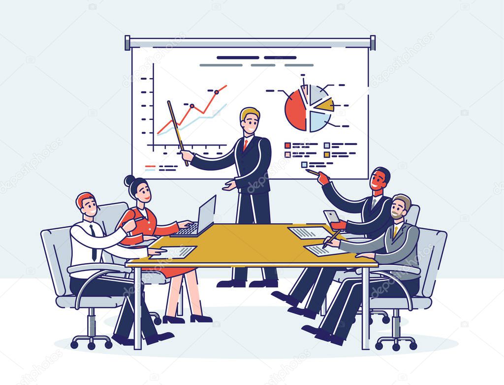 Financial Situation On Market. Financial Expert Leader Stands At Screen And Make Presentation Before an Audience. Man Shows Financial Report. Cartoon Linear Outline Flat Style. Vector Illustration