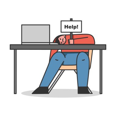 Duygusal Yanma Sendromu kavramı, çok çalışma. Yorgun Adam 'ın iş yerinde masanın üstünde uyuması. Karakter levhası tabela yardımıyla tutulur. Çizgi film Çizgi Çizgisi Düz Vektör İllüstrasyonu