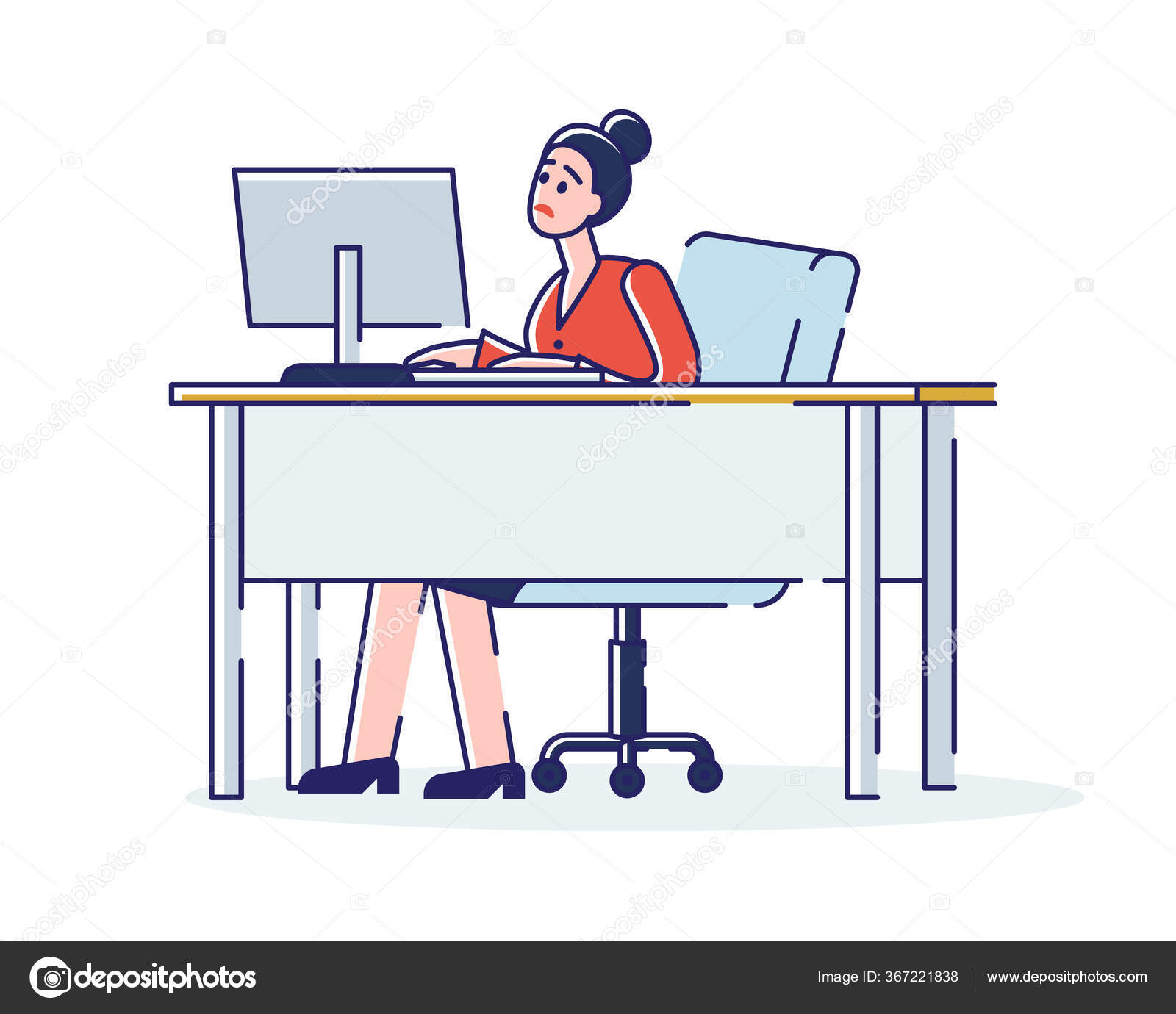 Concepto de Trabajo en la Oficina. Mujer cansada y estresada trabaja en la oficina en la Concepto de Trabajo en la Oficina. Mujer cansada y estresada trabaja en la oficina en la