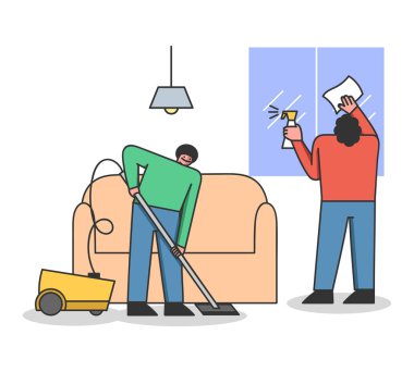 Temizlik servisi kavramı. Temizlik Malzemeleri, Temiz Daire. Erkek ve Kadın Yerleri ve Pencereleri Boşaltıyorlar. Odada Islak Temizlik Yapan Karakterler. Çizgi film Çizgi Çizgisi Düz Vektör İllüstrasyonu