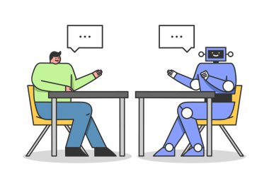 Yapay Zeka Konsepti. Müteahhit Chatbot 'la konuşuyor. Soruların yanıtlarını test eden bir uzman. Teknoloji ve Mühendislik. Çizgi film Düz Dış Hatlar Biçimi. Vektör İllüstrasyonu