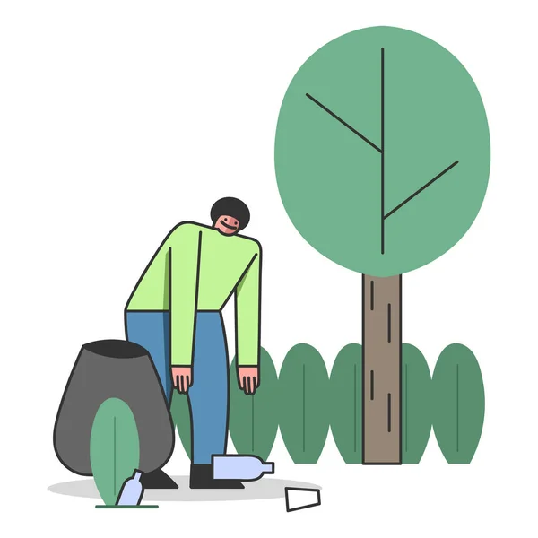 Coleção de Lixo, Conceito de Atividade Voluntária de Ecologia. Personagem masculino voluntário pegar resíduos de plástico na floresta ou no parque para reciclagem adicional. Desenhos animados Linear esboço plana Vector Ilustração — Vetor de Stock