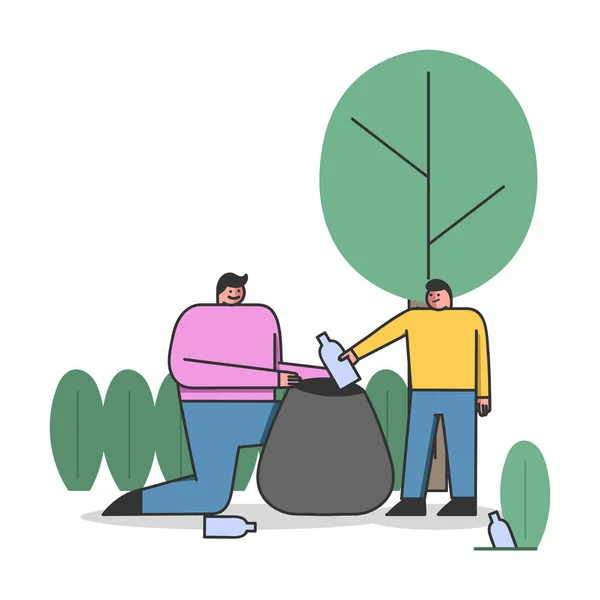 Umweltschutz, Ökologie Freiwilligenarbeit. Vater und Sohn sammeln gemeinsam Plastikmüll im Wald oder im Park zur weiteren Verwertung ein. Cartoon Linear Outline Flache Vektorillustration — Stockvektor